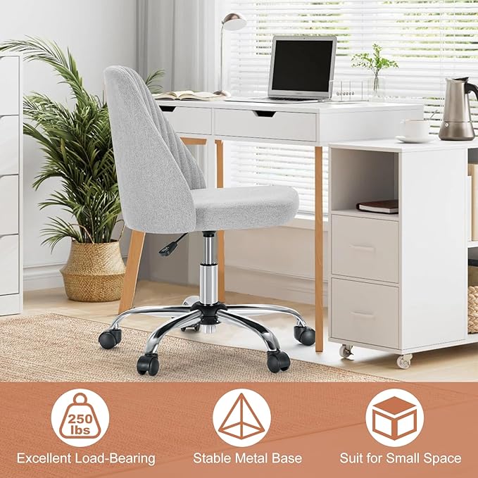 DUMOS Home Office Chair, Comfy Desk Chair with Rolling Wheels | Armless Height Adjustable, Wide Seating, Vanity Swivel Task, Bedroom Student Adults, Classic Grey