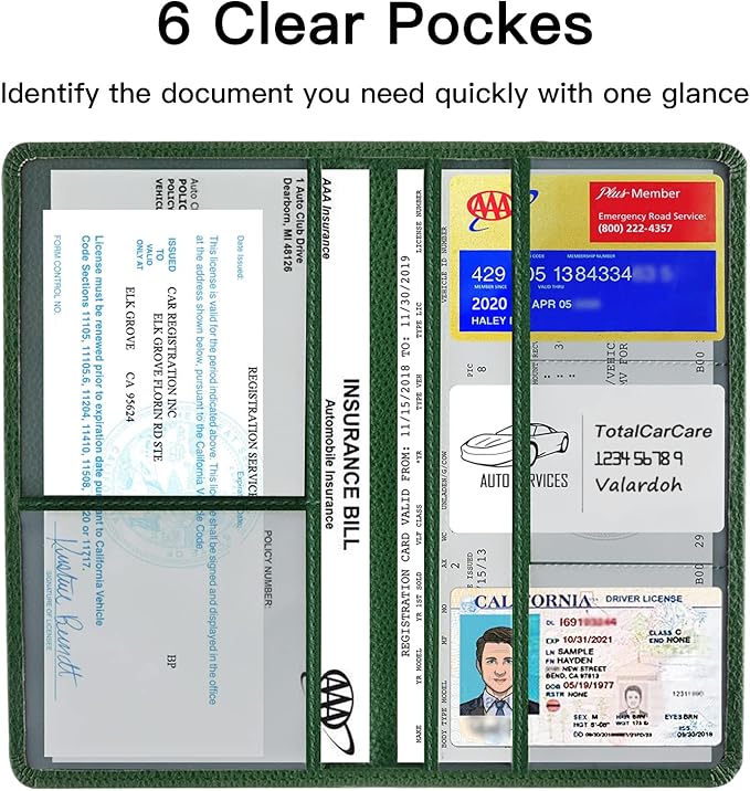 Premium Car Registration and Insurance Card Holder, Car Document Holder for Cards, Driver License & other Essential Documents (Dark Green)