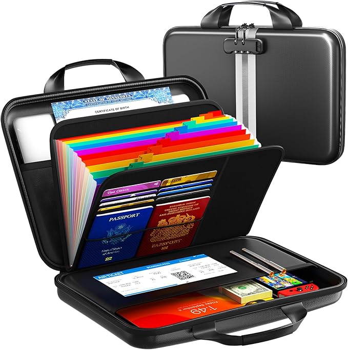Fireproof Accordion File Organizer with Lock,Hard-Shell Fireproof Document Box with 13 Pockets for Certificates, Passports Laptop Important Documents Portable Home Office Travel Safe Storage