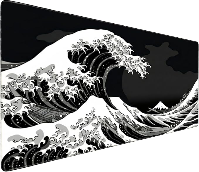 Professional Extended Gaming Mouse Pad - 31.5" x 15.7" Large Desk Mat with Stitched Edges, Waterproof Coating Non-Slip Rubber Base for Gamers Esports Pros Office Home, White Wave