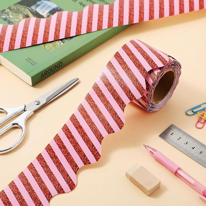 32.8 Ft Red Glitter Bulletin Board Borders, Pink Striped Scalloped | Scalloped Trim for Bulletin Board, Spanish Fiesta Classroom, Valentine Party Decor, Pink Red Glitter Striped Pattern