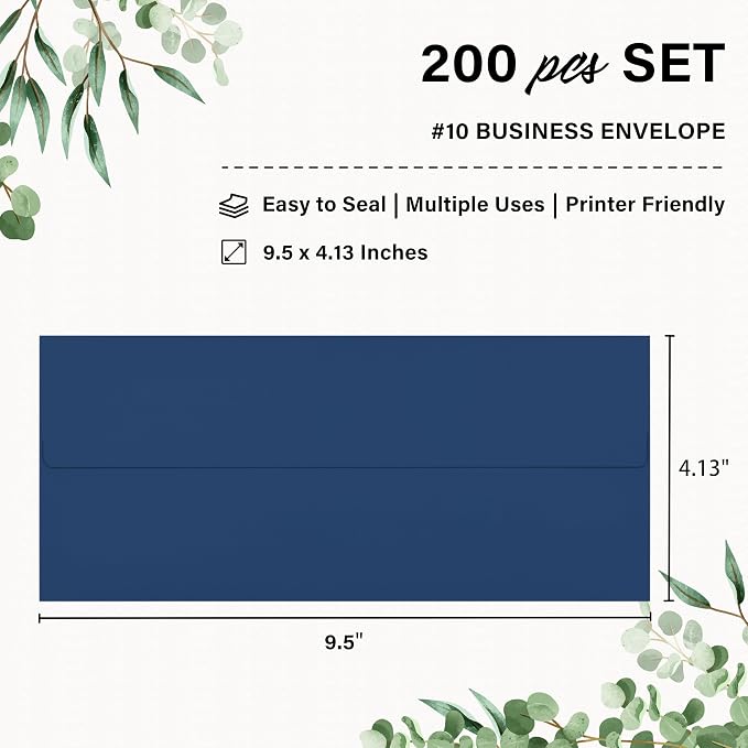 200 Pack #10 Navy Blue Envelopes Letter Size Self Seal Business Envelopes | Security Mailing Envelopes, 4 1/8 x 9 1/2 Inches