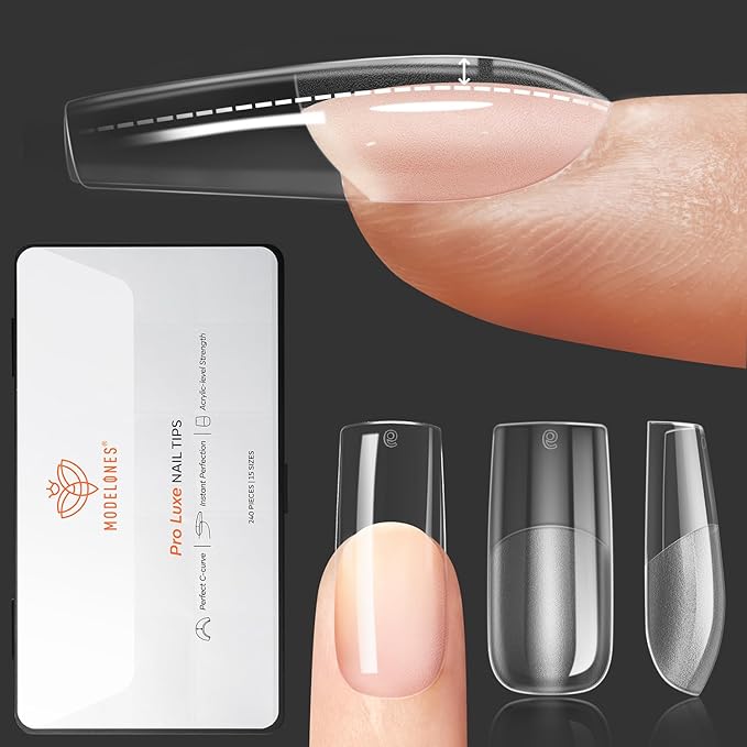 modelones Pro Luxe Instant Nail Apex Tips 15 Sizes, Medium Square Extension Gel Tips Pre-building & Pre-etched Thicker Strength Acrylic Fake Nails Full Cover 240 Pcs