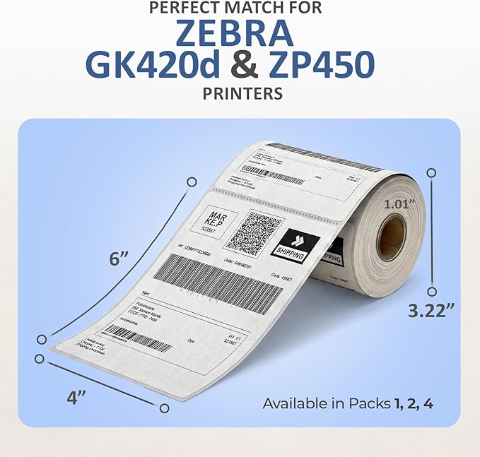 4” x 6” Thermal Shipping Labels – 500 Labels per Roll – Direct Compatible with Zebra Label Printers GK420d,D450BT & ZP450 (4 Pack)