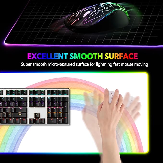 AIMSA RGB Gaming Mouse Pad Large, Keyboard Mousepad Led Extended 35.4 x 15.8 inch Non-Slip Rubber Base with 14 Lighting Modes, Big Desk Mat Waterproof, White Rainbow