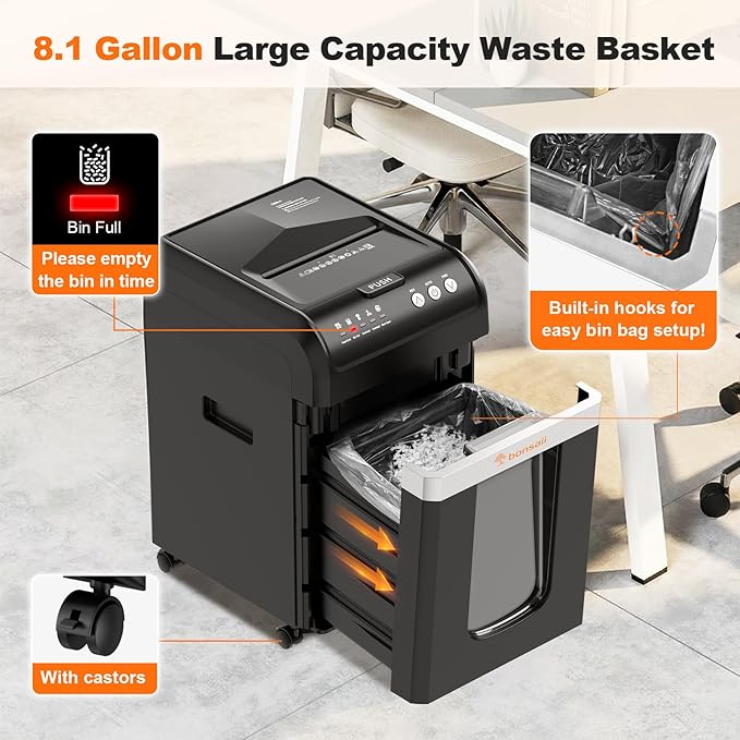 Bonsaii 200-Sheet Auto Feed Micro Cut Heavy Duty Paper Shredder for Office | 60-Min Nonstop Run, P4 High Security, Anti-Jam, 58dB Ultra-quiet, 8.1-Gal Bin with Casters, Large Commercial Shredder C283-A