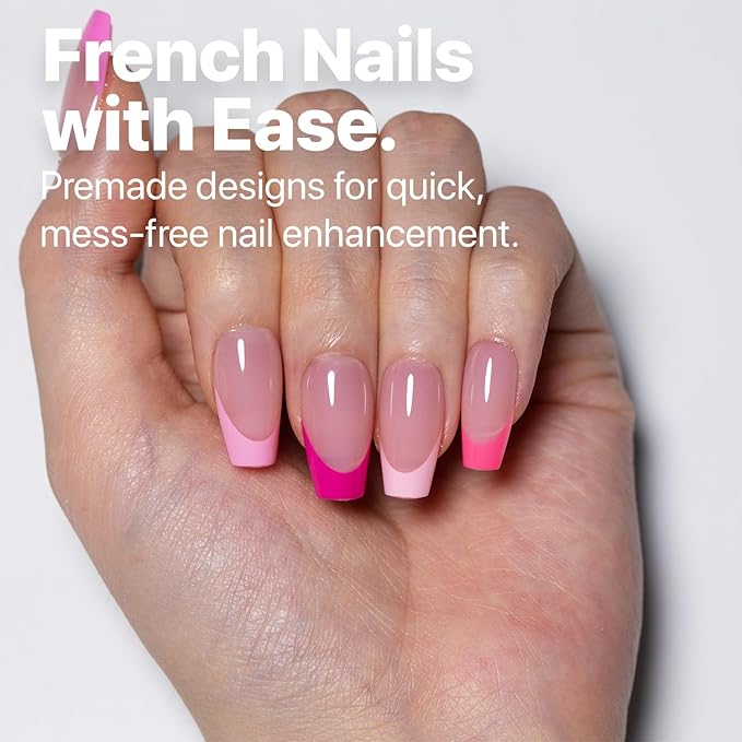 SXC Cosmetics French Tip Press On Nails 150 Pieces in 15 Sizes Ultra Fit with Pre-applied Tip Primer and Base Coat, No Need to File Fake Nails for Nail Art DIY X-Pro Tips (5PINK119-S Coffin)
