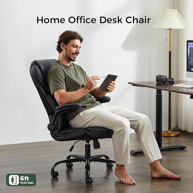 amseatec Big and Tall Office Chair, Flip-Up, Executive Desk Chair, Black | Ergonomic Leather High Back, Lumbar Support, 90 °Lock, 115° Tilt, 20 Spring Packs, 300lbs Capacity, Wide Seat/Smooth Casters
