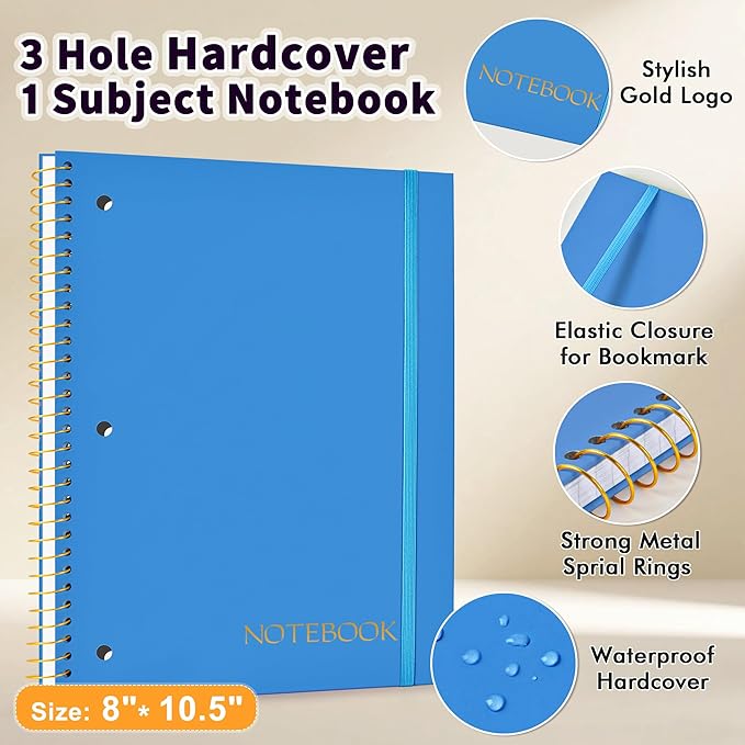 Spiral Notebook Graph Ruled Paper 8" x 10 1/2", 1 Subject Spiral Grid Notebook 3-Hole Punched Perforated Page Ideal for School, Office, Writing, 95 Sheets Lined Journaling Graphing Notebook, Blue