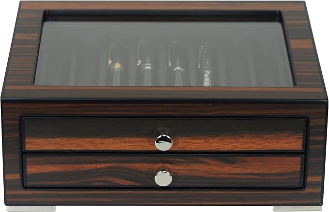 Stackable Wooden Display Case with Drawer – Slot Ebony Pen Cabinet, Luxury Fountain Pen Storage Box with Glass Window for Collection (4)