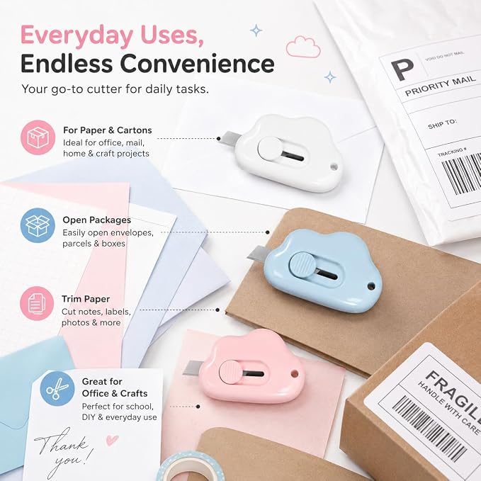 3Pcs Utility Knife Box Cutters Cute Cloud, Retractable Letter Opener, Sharp Cartons Cardboard Cutter Razor Knife for Christmas, Paper Cutter with Razor Blade, Portable Office Stationery
