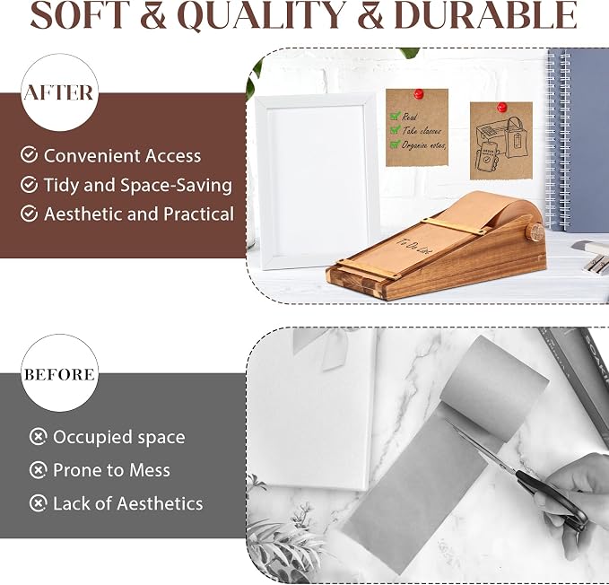 Note Paper Roll Dispenser Desktop Kraft Paper Roll Dispenser Holds 3” Wide with 98ft Wooden Note Taking Roller Holder Tearable Cutter Grocery List Sticky or Home