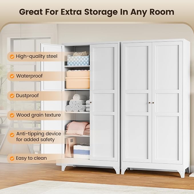Metal Storage Cabinet with 2 Doors and Adjustable Shelves - 61" White Kitchen Pantry Storage Tall Steel Cabinets Locker for Kitchen, Living Room, Dining Room