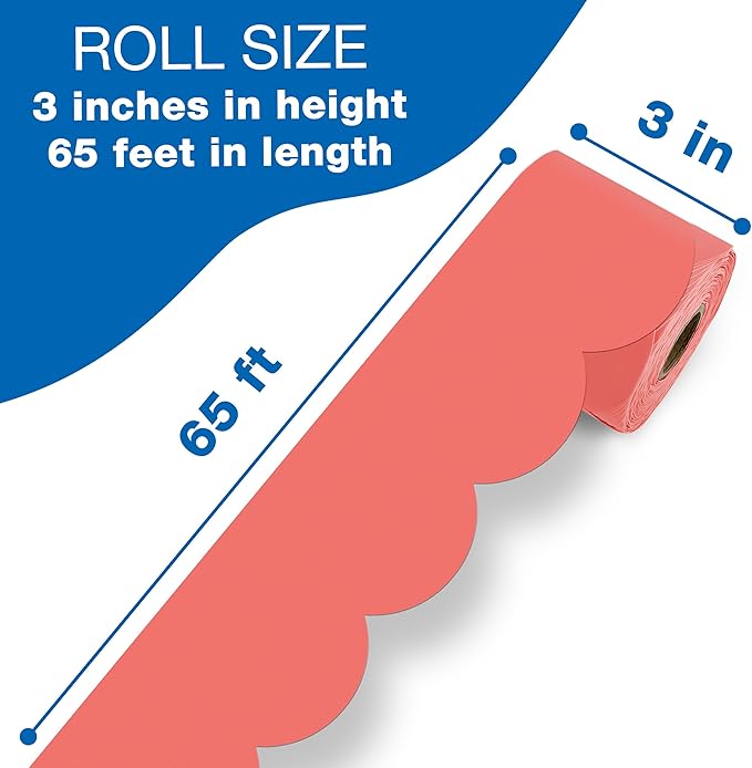 Carson Dellosa 65Ft of Salmon Pink Bulletin Board Borders, 1 Roll of Scalloped Trim for Rolling Whiteboard, Cork and Posterboard, Party, Spring Decorations, and Classroom Decor