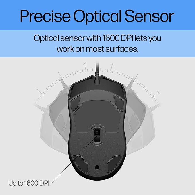HP Wired Mouse 100 - Precise Optical Sensor with 1600 DPI - Easy USB Connection - Ambidextrous Design - 3 Button Control & Built-in Scrolling - Multi-OS Compatible (6VY96AA#ABL)