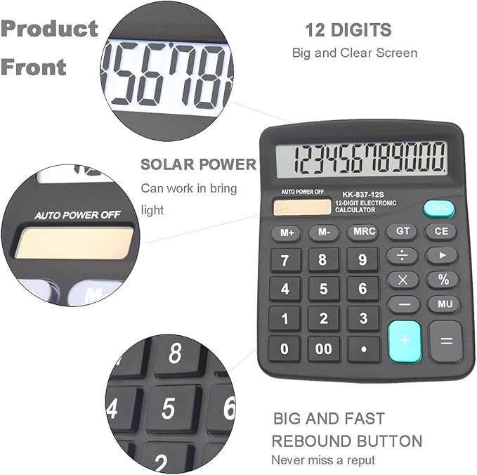 Calculators, BESTWYA Large Button Desk Calculator (Black, Pack of 6) | 12-Digit Dual Power Angled LCD Display Handheld Desktop Feature for Office, School, Home