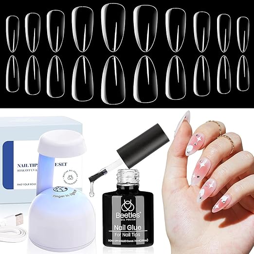 Beetles Gel Nail Kit Clear, Almond Medium, 500pcs 10 Sizes, with 9 in 1 Glue Mini Nail Lamp, Fall Nails, Full Cover Easy Nail Extension Set for Home DIY Salon Gift for Girls