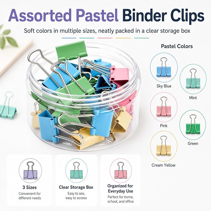 Binder Clips Assorted Sized, Metal Clips for Office, 60 Psc | 1 Box of Colored Paper clips and Binder Clips, Cute Office Supplies, Desk Accessories, Black, Colorful