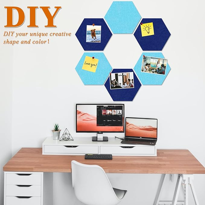 Large Hexagon Felt Cork Board Tiles, Self Adhesive DIY Felt Bulletin Board Pin Board with 35 Pushpins for Office School Home Wall Decor(Dark Blue+Sky Blue)