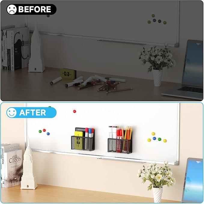 Marbrasse Magnetic Dry Erase Marker Holder, Mesh Pen Holder for Whiteboard，Magnet Pencil Organizer Storage for Refrigerator Locker Accessories Organizer for Home, School and Office(Black)
