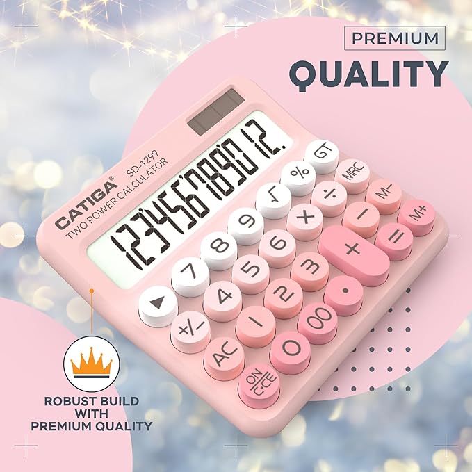 CATIGA Mechanical Switch Calculator with Solar and Battery Dual Power, 12-Digit Large LCD Display, Aesthetic and Cute Desktop Calculator with Big Button, for Home, School and Office Use, SD-1299