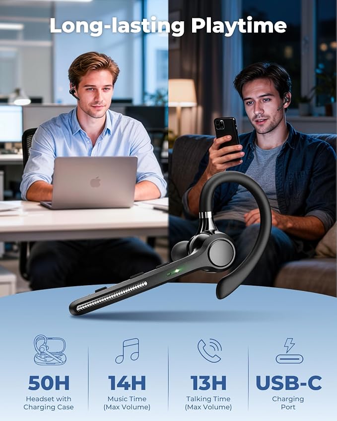 Bluetooth Headset V5.4, Bluetooth Earpiece with 500mAh Charging Case, 50H Talk Time Wireless Headset with Mic for Computer Cell Phones, Hands Free Noise Canceling Headphones for Work Trucker