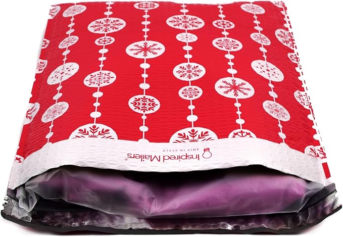 Bubble Mailers 12x15" - Red Snowflake Baubles (Writable Area) - 10 Pack - Large Padded Envelopes 12x15 - Poly Bubble Mailers Padded Mailers - Holiday Bubble Envelopes