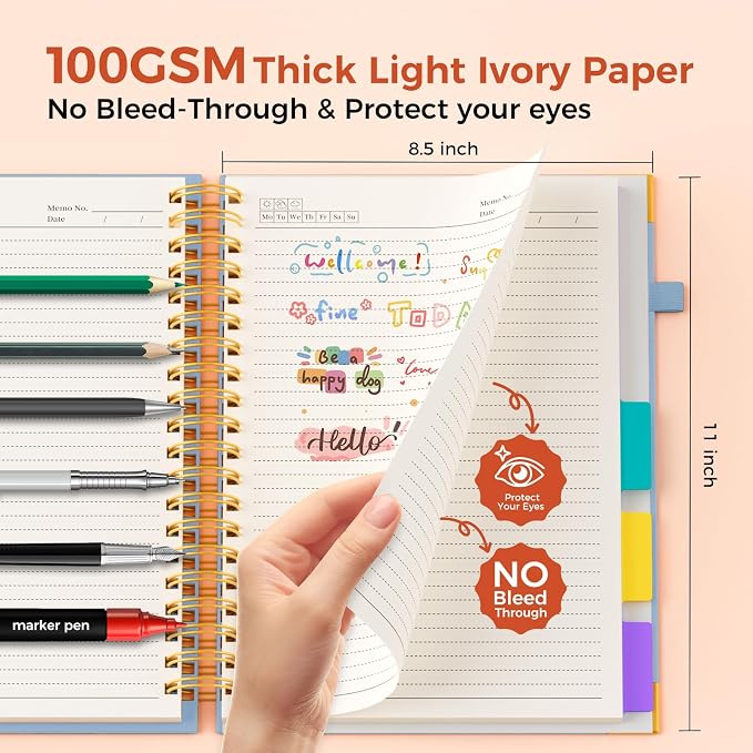 XYark A4 Hardcover Spiral Notebook, 8.5"x11" College Ruled Notebooks with Removable Divider Tab & Ruler, 5 Subject Notebook 300 Pages, Large Lined Journal for Women Men School Work Office, Light Blue