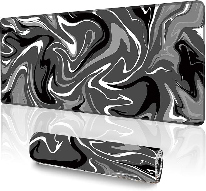 Large Gaming Mouse Pad (31.5x11.8in) - Black & Grey Liquid Swirl Design, Abstract Fluid Art - Extended Desk Mat with Stitched Edges, Non-Slip Rubber Base for Esports and High DPI Sensor Tracking