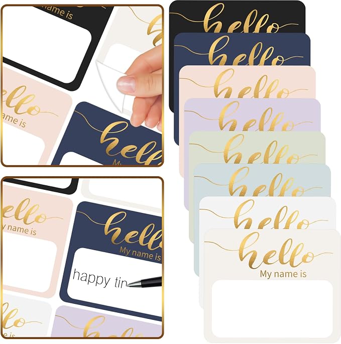 Name Tag Stickers, 240 Pcs Hello My Name is Stickers, (3" x 2.5") Gold Foil Adhesive Nametags Name Labels Sticker for School Classroom, Meeting, Conferences, Clothes, Office & Christmas