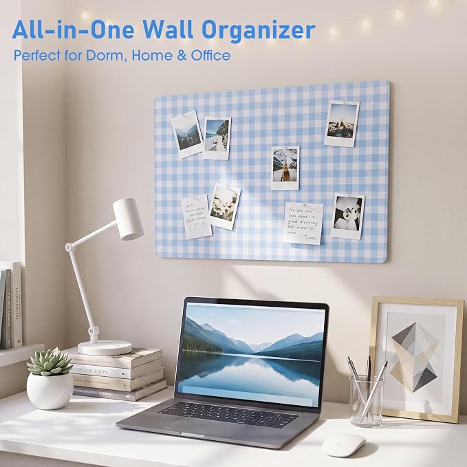 Felt Bulletin Board, 24" x 15.7" Decorative Felt Pin Board, Foldable Photo Display with Pushpins, Wall Vision Cork Boards Alternative for Home Bedroom Office Dorm(Blue Plaid)