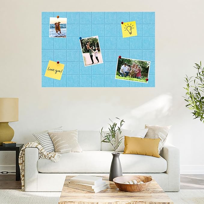 Large Square Felt Cork Board Tiles, Self Adhesive DIY Felt Bulletin Board Pin Board with 35 Pushpins for Office School Home Wall Decor Stickers Memos Photos Display (Sky Blue)