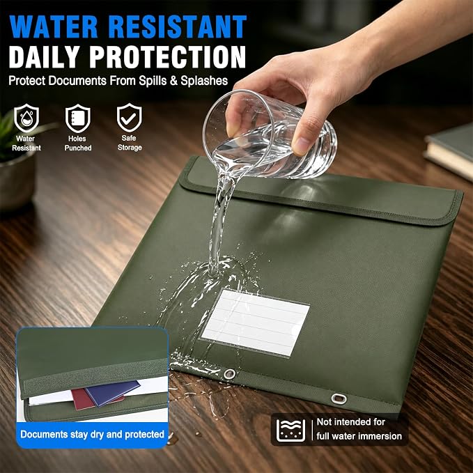Fireproof 3 Ring Binder Pocket,Document Bag Side Loading, 2 Pack | Water Resistant,Heat Insulated,Binder Folders Organizer,Safe Storage for Home Office Travel,Letter Size, Green