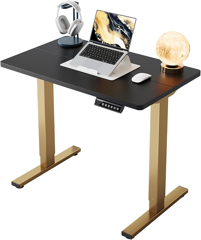 HUANUO 32" Small Electric Standing Desk Adjustable Height, 4 Memory Height Settings, Sit Stand Up Desk for Home Office & Computer Workstation, Black and Gold Frame | 176 Lbs Capacity, Rounded Corners, Wheel-Ready Feet, Compact Desktop, Apartment Worksp...