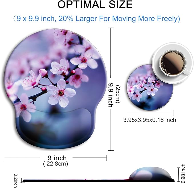 Ergonomic Mouse Pad with Wrist Support Rest,Large Mousepad Gel Wrist Rest, with Coaster Non-Slip & Pain Relief for Computer, Desk, Home&Office-Cherry Blossom