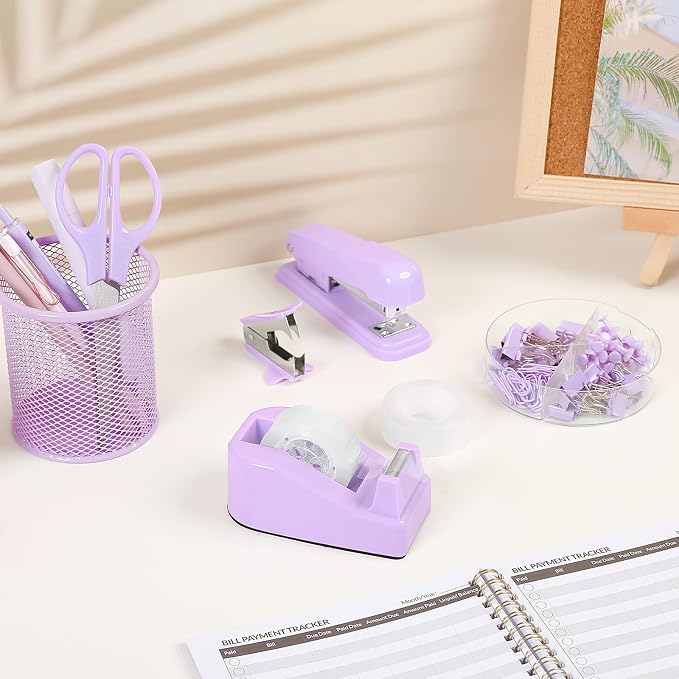 SKYDUE Purple Desk Accessories, Stapler and Tape Dispenser Set,10PCS | Purple Office Supplies Set, Stapler, Tape Dispenser, Scissors, Binder/Paper Clips and 1000pcs Staples