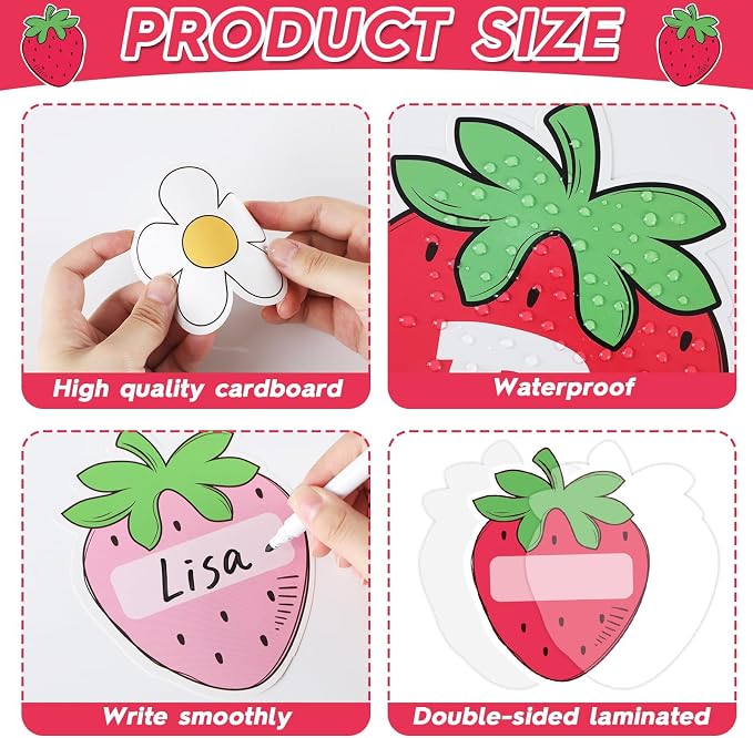 Strawberry Bulletin Board Set Back to School Classroom Decorations Summer Berry Flower Border Pink Sweet Fruit Name Tags Paper Cutouts for Teacher Strawberry School Supplies Chalkboard Wall Door Decor