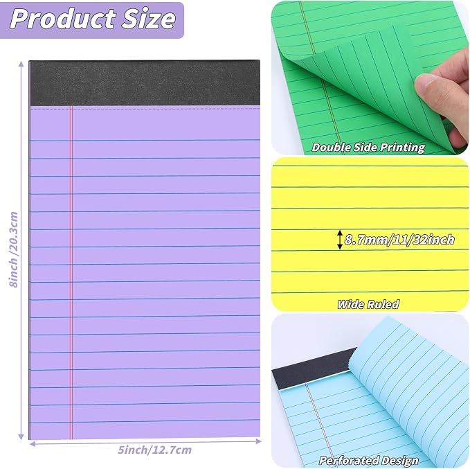 Oleitodh 36 Pack Legal Pads 5 x 8 Inch Multicolor Wide Ruled Notepads | 12 Color Memo Pads with 30 Sheets Each, Perforated Lined Writing Paper with Sturdy Backboard for Office, School, Study