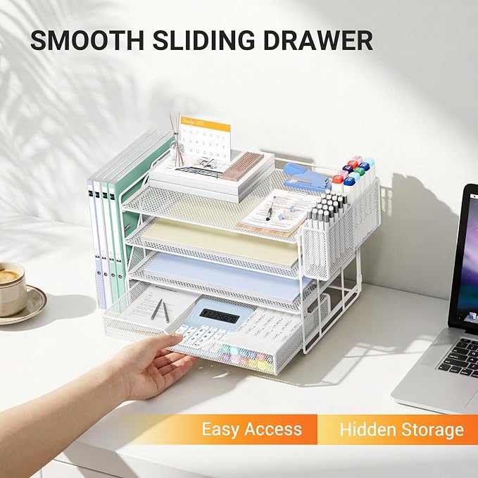 Desk Organizers and Accessories, 4-Tier Desktop File Organizer with Drawer and Pen Holders, Office Desk Accessories Workspace Organizers for Office Supplies (Soft White)