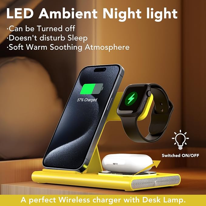 3 in 1 Foldable Wireless Fast Charging Station for Apple Multiple Devices | iPhone Charging Station for iPhone 17, Travel iWatch Charger Stand, Light Nightstand Charging Dock for Apple Watch/Airpods
