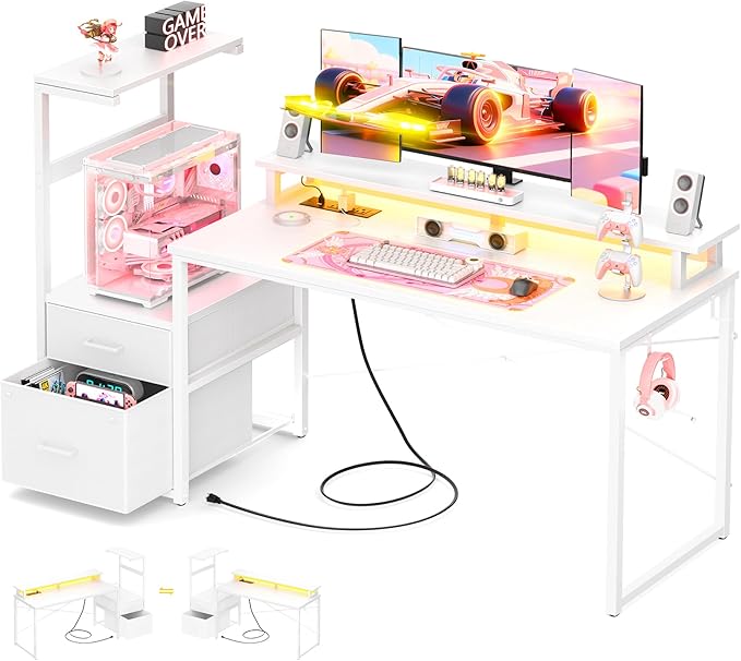 Aheaplus Gaming Desk with LED Strip & Power Outlet, 59Inch Reversible Computer Desk with Monitor Stand & Storage Shelves, Home Office Desks with Fabric File Drawer, Gamer Table PC Desk, White