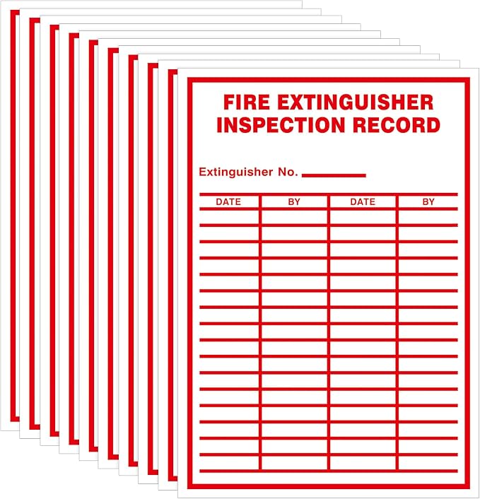 10 Pcs Fire Extinguisher Inspection Record Labels - 3.5" x 5" Fire Adhesive Vinyl Safety Stickers for School Office, and Home, Industrial (Blank Date & by Log)