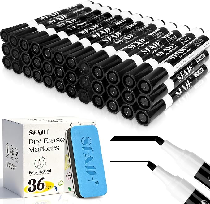SFAIH Chisel Tip Dry Erase Markers, 36 Pack, Black, with Magnetic Eraser | 1s Quickly Dry, Low Odor, Versatile Lines, White Board Markers for Office, Essential Supplies for Teachers, Back to School