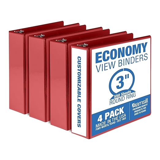 Samsill 3 Inch 3 Ring Binders, Economy Round Ring, Clear View Cover, 550 Sheet Capacity - for School, Home, Office - Red, 4 Pack