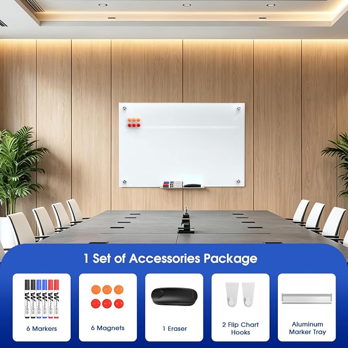 MaxGear Glass Whiteboard Tempered Glass Magnetic Dry Erase Board 36" x 24" | Tempered Glass, Sleek Modern Design, Smooth Writing, Easy Erase, Magnetic Surface, Frameless Design, Wall Mounted, Office Use