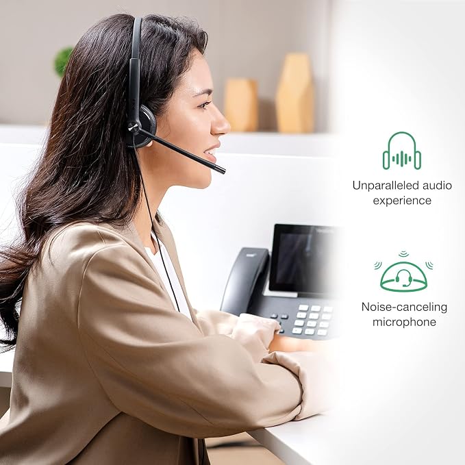 Yealink Phone Headsets for Office Phones YHS34 Lite QD to RJ9 Wired Headset Compatible with Poly Snom Grandstream Phones Desk Landline Headset with Microphone -Mono/68g/2.1m Cable (Pack of 2)
