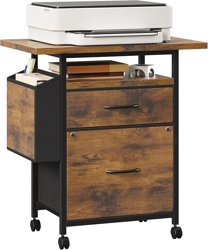 Simple Deluxe 2 Drawer File Cabinet with 24" Extended Desktop, Mobile Filing Cabinet, Rolling File Cabinet with Side Bag, Fabric Drawer, Fits A4/Letter Size, Printer Stand Home Office, Brown