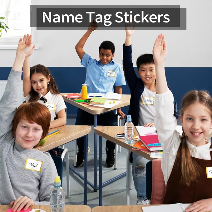 Starboling Name Tag Sticker,200 Pcs 3"x2" Gold Name Stickers Colorful Border Name Tag Labels,for Office,Meeting,School and Home