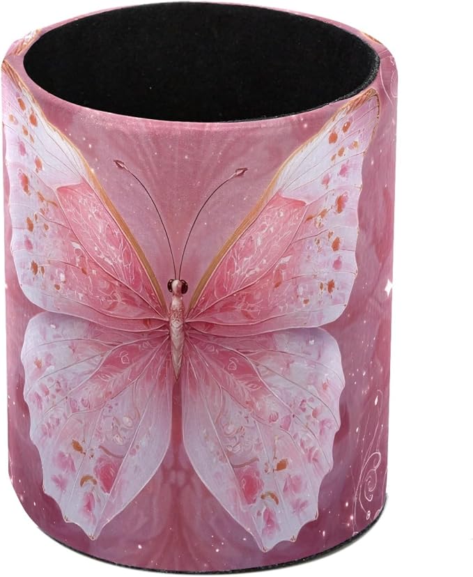 Leather Pen Holder for Desk, Pink Butterfly Pencil Cup Pen Organizer Makeup Brush Holder for Office Home Kids Countertop Desk Accessory Storage
