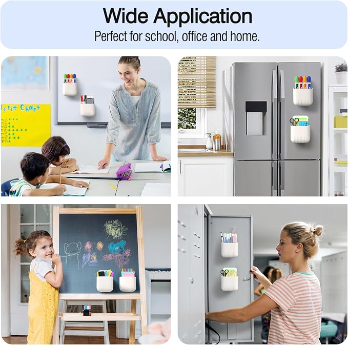 MoKo Magnetic Pen Holder, 2-Pack Whiteboard Organizer, White | Magnetic dry erase marker holder has a full magnetic back and sturdy ABS body; each measures 6.3 x 3.7 x 3.7 inches.